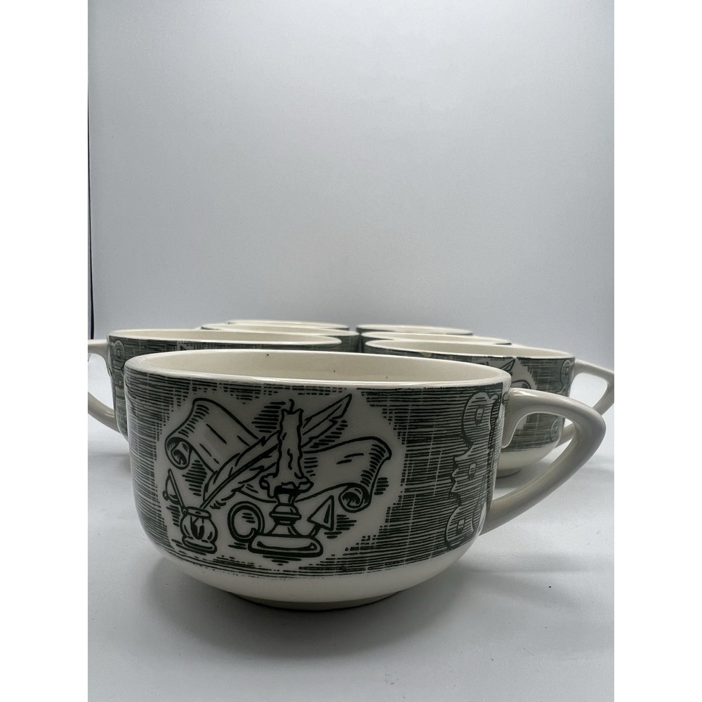 SET of Old Curiosity Shop‎ Underglaze Green Coffee Mug 7 Mugs Scroll Candle Pen